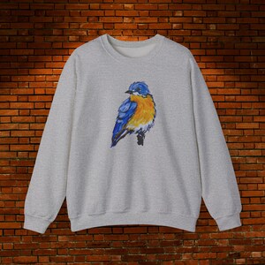 Little Blue Bird Watercolor Unisex Sweatshirt, Crewneck Jumper for Nature Lovers, Bluebird Design Pullover, Cozy Bird Watching Sweater,