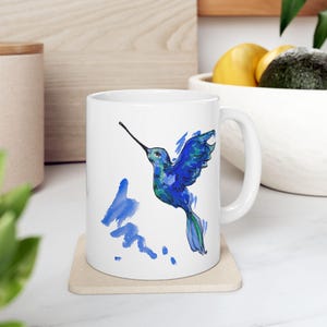 Hummingbird Watercolor Ceramic Mug, Bird Animal Coffee Cup, Colibri Taza de Cafe, 11oz 15oz, Gift for Bird Lovers, Kitchen Decor