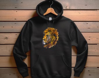 May include: Black hooded sweatshirt featuring a colourful lion head graphic print. The lion is facing to the right and has a detailed mane.