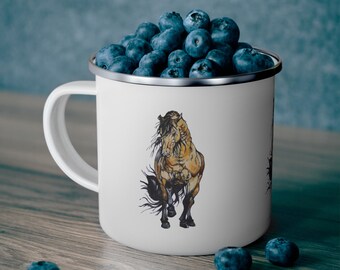 Enamel Camping Mug, Horse Watercolor Design, Outdoor Adventure Mug, Nature Lover Gift, Campfire Cup, Rustic Camping Decor, Wilderness, Pony