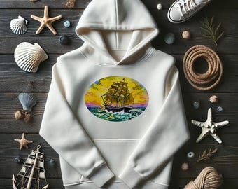 Zeilboot zonsondergang zee hoodie, nautisch thema trui, strandliefhebber cadeau, oceaan zonsondergang sweatshirt, unisex hoodie met capuchon, kustkleding, kunst