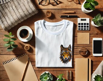 May include: A white t-shirt with a wolf head graphic printed on the front. The wolf is drawn in a realistic style with brown, orange, and black fur. The t-shirt is lying flat on a wooden surface with other items, including a notebook, a pen, and a coffee cup.