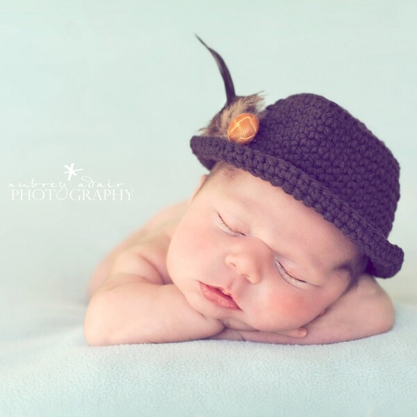 Newborn Brown Fedora Hat, Newborn Baby Boy Hat, Crochet Baby Hat, Newborn Photo Prop, Newborn Photography, "Little Man"