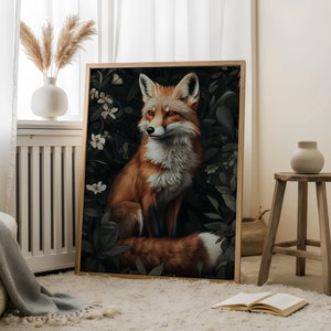 Red Fox Vintage Art Print, William Morris Inspired Red Fox Poster, Dark Academia Cottagecore Wall Art, Red Fox Old Victorian Gothic Wall Art