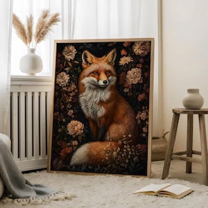 Red Fox Vintage Art Print, William Morris Inspired Red Fox Poster, Dark Academia Cottagecore Wall Art, Red Fox Old Victorian Gothic Wall Art