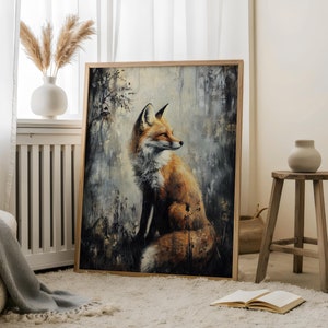 Red Fox Oil Painting Vintage Wall Art, Antique Fox Oil Painting Poster, Red Fox Old Victorian Gothic Wall Art, Fox in the Dark Foggy Forest