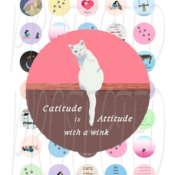 Cat Lovers1 inch Bottle Cap Circle Digital Collage Sheet, Original Graphics, PDF and JPG, Fits US and A4 International paper