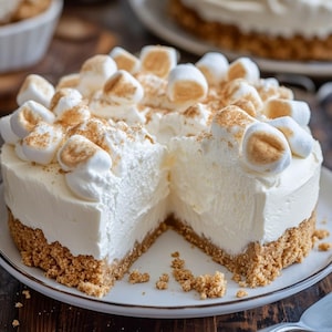Puede incluir: Un pastel de queso blanco cubierto con malvaviscos tostados y una base de galletas graham. El pastel de queso está cortado por la mitad, revelando el relleno cremoso.