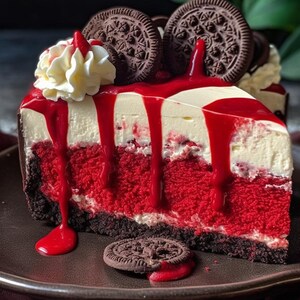 May include: A slice of red velvet cheesecake topped with white frosting and a red raspberry sauce. The cheesecake is decorated with chocolate sandwich cookies.