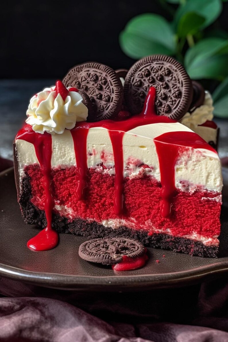 May include: A slice of red velvet cheesecake topped with white frosting and a red raspberry sauce. The cheesecake is decorated with chocolate sandwich cookies.