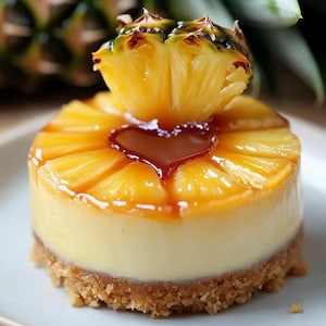 Può includere: Una torta rovesciata all'ananas con una glassa al caramello a forma di cuore e una fetta di ananas in cima.