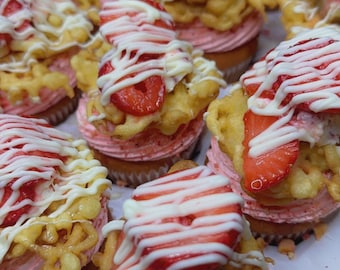 Sweet Symphony Bakes: Strawberry Crunch Cheesecake Cupcakes with Funnel Cake Toppers