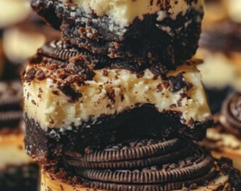 May include: A stack of three mini cheesecakes with a chocolate cookie crust and topped with crushed chocolate cookies.