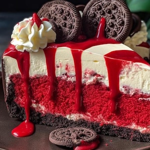 May include: A slice of red velvet cheesecake with a white cream cheese frosting and a red raspberry sauce drizzle. The cheesecake is topped with Oreo cookies.