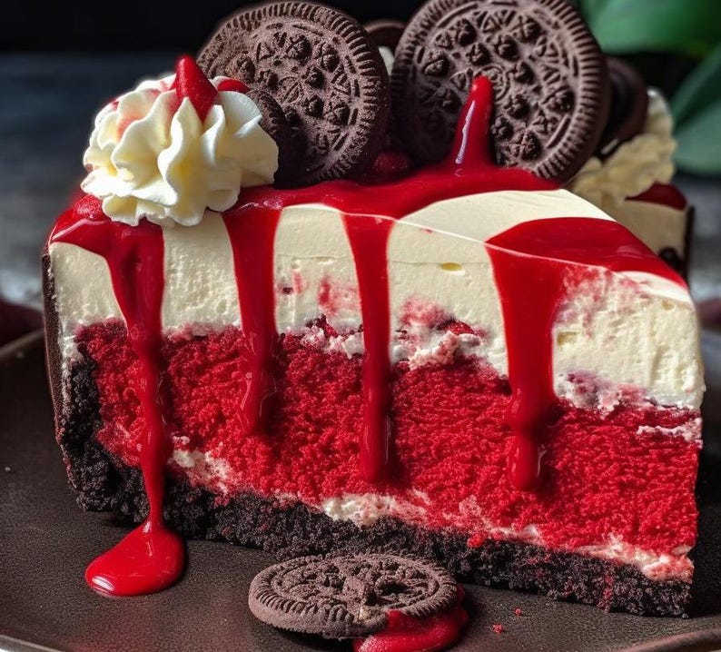 May include: A slice of red velvet cheesecake with a white cream cheese frosting and a red raspberry sauce drizzle. The cheesecake is topped with Oreo cookies.