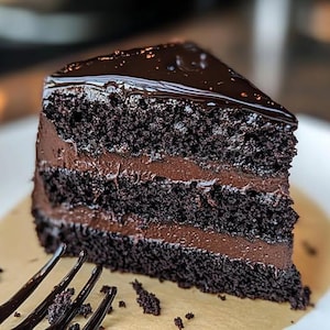 Op de afbeelding: Een drielaagse chocoladetaart met chocolade-frosting en een chocolade-glazuur. De taart is in een punt gesneden en ligt op een bruin oppervlak.