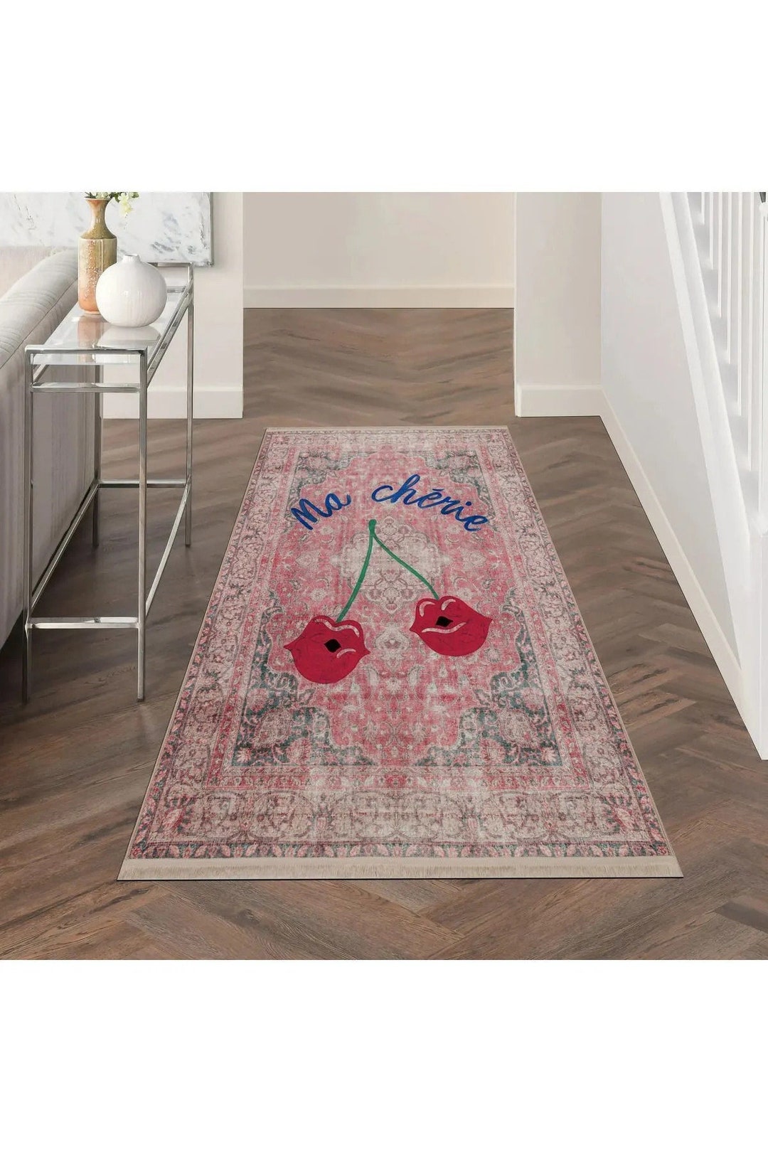 Vintage Design Modern Rug, Ma Cherie Written Rug, Cherry Rug, Retro ...