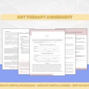 Könnte beinhalten: Ein druckbares DBT-Therapie-Abkommen mit Abschnitten für Therapie-Büroinformationen, Klienteninformationen und Klientenbestätigung. Das Formular ist in einem rosa und weißen Farbschema mit einem dekorativen Rand gehalten.