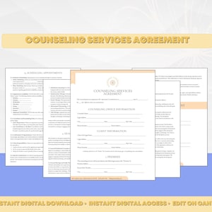 Counseling Services Agreement, Counseling Contract between Client and Therapist, Mental Health Client Agreement, Editable Therapy Contracts