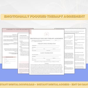 Op de afbeelding: Een printbaar document met de titel "Emotionally Focused Therapy Agreement" met secties voor informatie over het therapiekantoor en informatie over de cliënt. Het document is ontworpen om te worden bewerkt in Canva.