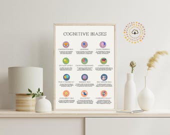 May include: A printable poster with a white background and a title that reads "Cognitive Biases". The poster lists 10 different cognitive biases with a short description of each. Each bias is illustrated with a colorful icon.
