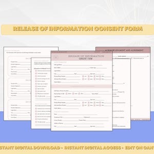 May include: A printable release of information consent form with a pink and white color scheme. The form includes sections for the patient's legal name, date of birth, address, phone number, and relationship to the patient. The form also includes a section for the recipient of the information, including their name, address, and phone number.