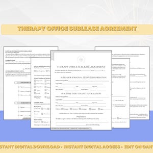 May include: A printable therapy office sublease agreement form with sections for sublessor and sublessee information, as well as a section for premises details. The form is designed to be edited on Canva.