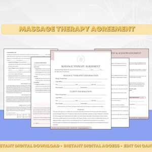 May include: A printable massage therapy agreement form with sections for therapist and client information, purpose, consent and acknowledgement, and client signature. The form is designed to be edited on Canva.