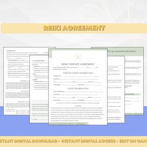 May include: A printable Reiki Therapy Agreement form with sections for therapy office information, client information, purpose, and client acknowledgement. The form is designed to be edited on Canva.