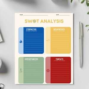 May include: A printable SWOT analysis worksheet with four sections: Strengths, Weaknesses, Opportunities, and Threats. Each section has a colored background and a small icon.