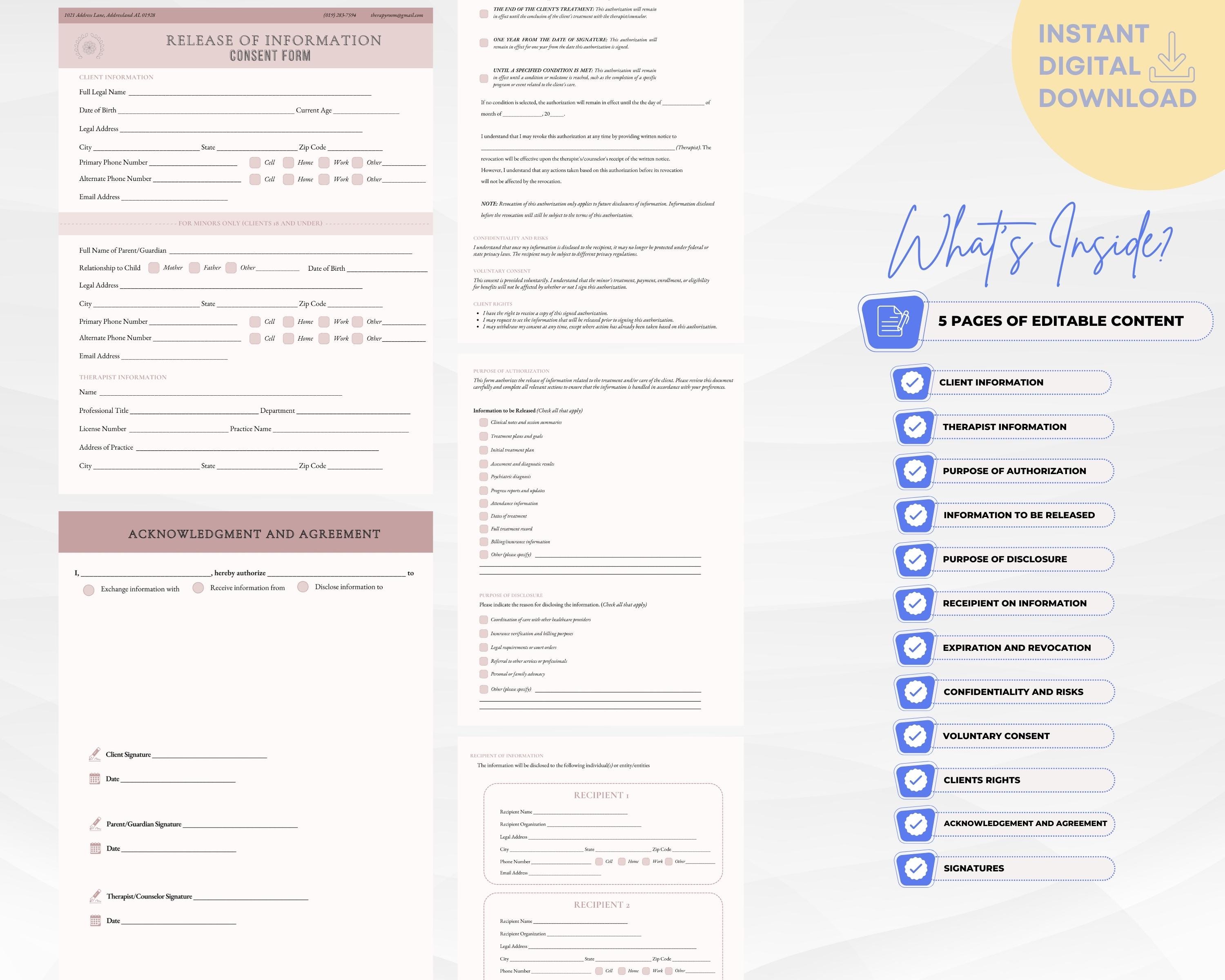 Therapy Release of Information Consent Form Template for Private ...