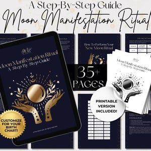 Ritueel maanmanifestatie, gedetailleerde stapsgewijze aangepaste gids, leer astrologische magie hekserij voor beginners, afdrukbaar grimoire-cadeau
