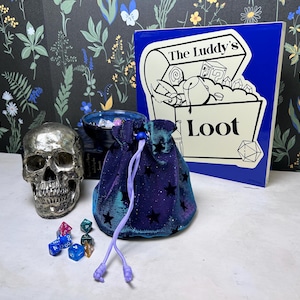 D&D Dice Bag, Dice Goblin Drawstring Bag, TTRPG Dice, Minis. Purple/sparkling/punk