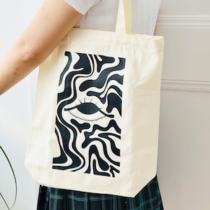 Eyes Tote Bag with ZIPPER and INNER POCKET | Thick Fabric Bag | Handmade Bag | Quality Bag | Jute Bag | Grocery Bag | Funny Art Bag | Black