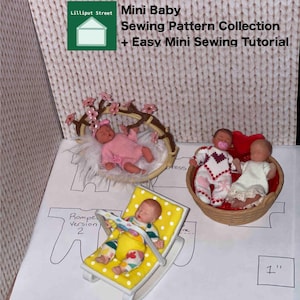 May include: Miniature baby dolls in a basket and a rocking chair, with sewing patterns and the text "Mini Baby Sewing Pattern Collection + Easy Mini Sewing Tutorial". A 2.54 cm measurement is visible.