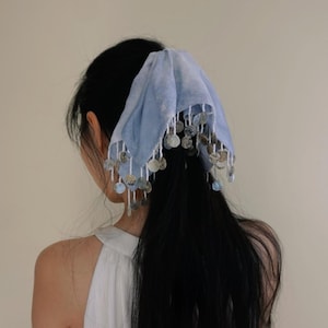 Personalized Gift for her Ocean-Inspired Blue Tie-Dye Square Scrunchie with Natural Shell Tassels Coastal Summer Hair Scarf Ponytail Holder