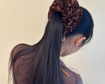 Personalized Gift for her Ribbed Satin Ribbon Ruffle Double-layer Scrunchie Voluminous Flower Hair Tie Hydrangea Flower Hair Accessory