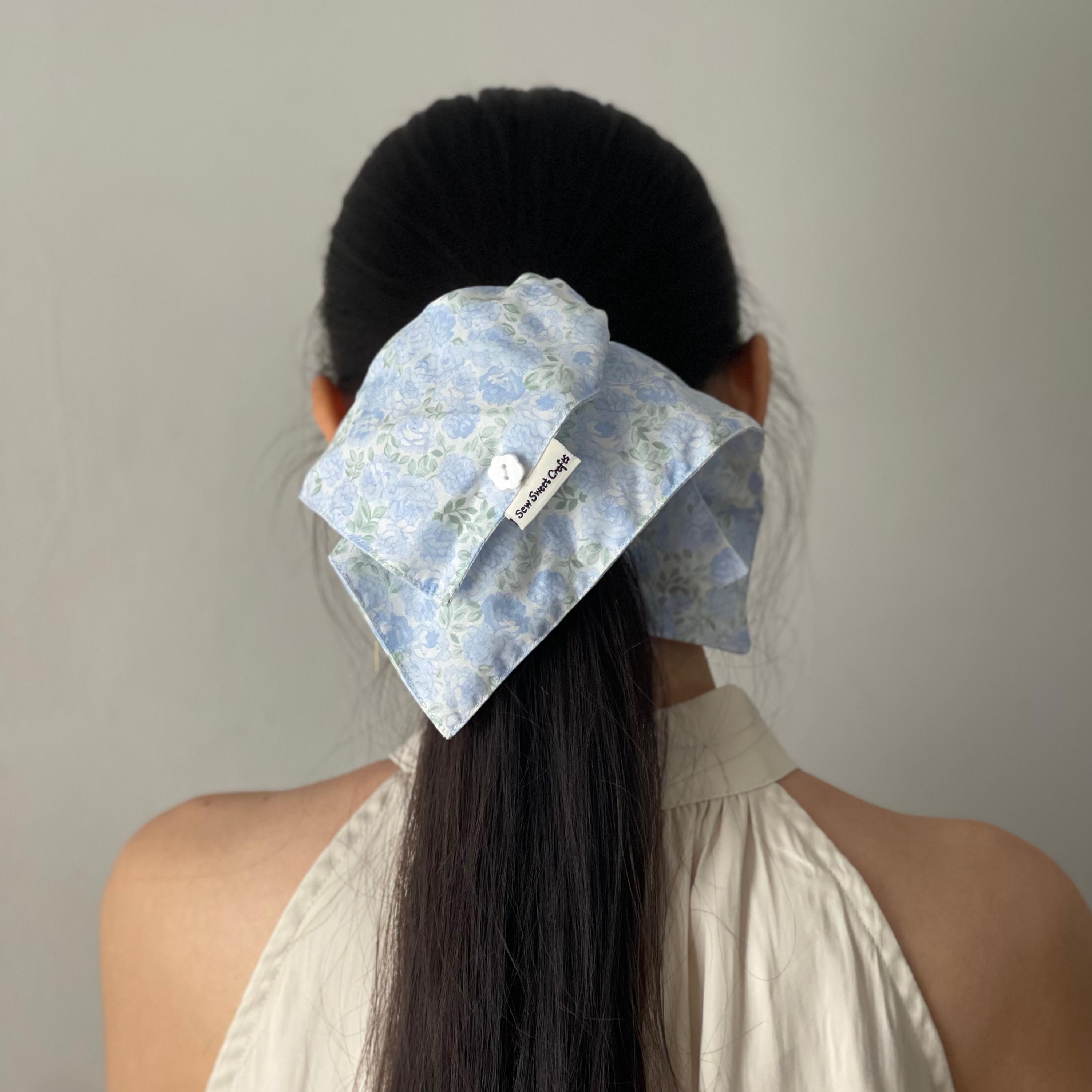 Personalization Gift Vintage Floral Cotton Square Scrunchie: Handmade Hair Tie with Shell Button