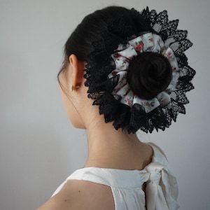 Lace Ruffle Scrunchie: Victorian Rose Floral Hair Tie With Ribbon