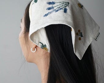 Embroidered Wildflower Headscarf: Cotton Linen Bandana