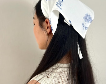 Personalized Gift Embroidered Floral Headscarf Blue Cotton Wildflower Bandana