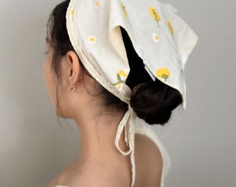 Personalized Gift Embroidered Wildflower Lace Bandana: Cotton Floral Head Scarf