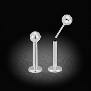 May include: Two silver-coloured labret body jewellery pieces. One piece is fully assembled with a flat circular base, a straight post, and a spherical top. The second piece is shown disassembled, with the spherical top and post separated.