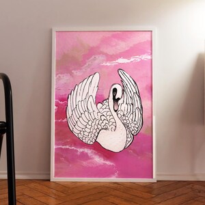 Zwaan print, vintage roze zwaan kunst decor, romantische kunst aan de muur, grillige poster, antieke vogel schilderij, flirt kunst aan de muur, digitale print