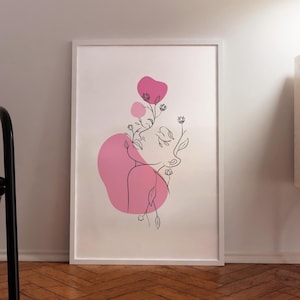 Impresión artística de cuerpo femenino con flores, descarga digital, arte lineal minimalista, póster botánico, silueta femenina, arte mural rosa femenino.