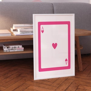 Stampa di carte da gioco, stampa di asso di cuori rosa, arte murale romantica, poster rosa retrò, poster di carte asso, arte sopra il letto, stampa digitale alla moda