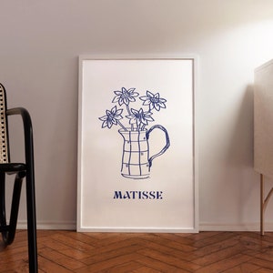 Estampado floral de Matisse, carteles de exposiciones, arte floral bohemio azul, decoración de sala de estar, arte mural con dibujos lineales, impresiones vintage, impresión digital