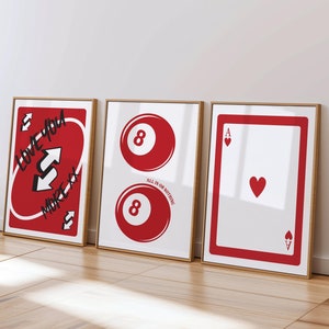 Set di 3 stampe di carte da gioco, set di poster Asso di cuori rosso, set di carte da parete, stampe artistiche da parete alla moda, stampe artistiche da sopra il letto, stampa digitale