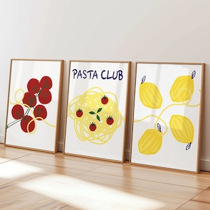 Hand Drawn Kitchen Wall Art Set 3, Vintage Pasta Print Set, Lemon Wall Art, Tomato Wall Art, Quirky Wall Art Prints, Food Art Digital Print