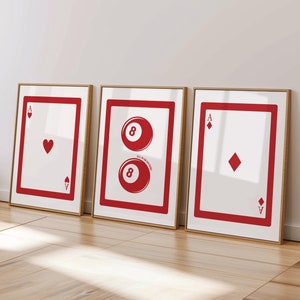 Set di 3 stampe di carte da gioco, set di poster Asso di cuori, stampa 8 Ball, stampe artistiche da parete alla moda, stampe sopra il letto, download digitale